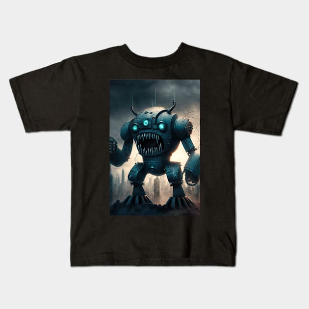 Alien Monster giant robot cyborg attacking the city Kids T-Shirt by KoolArtDistrict